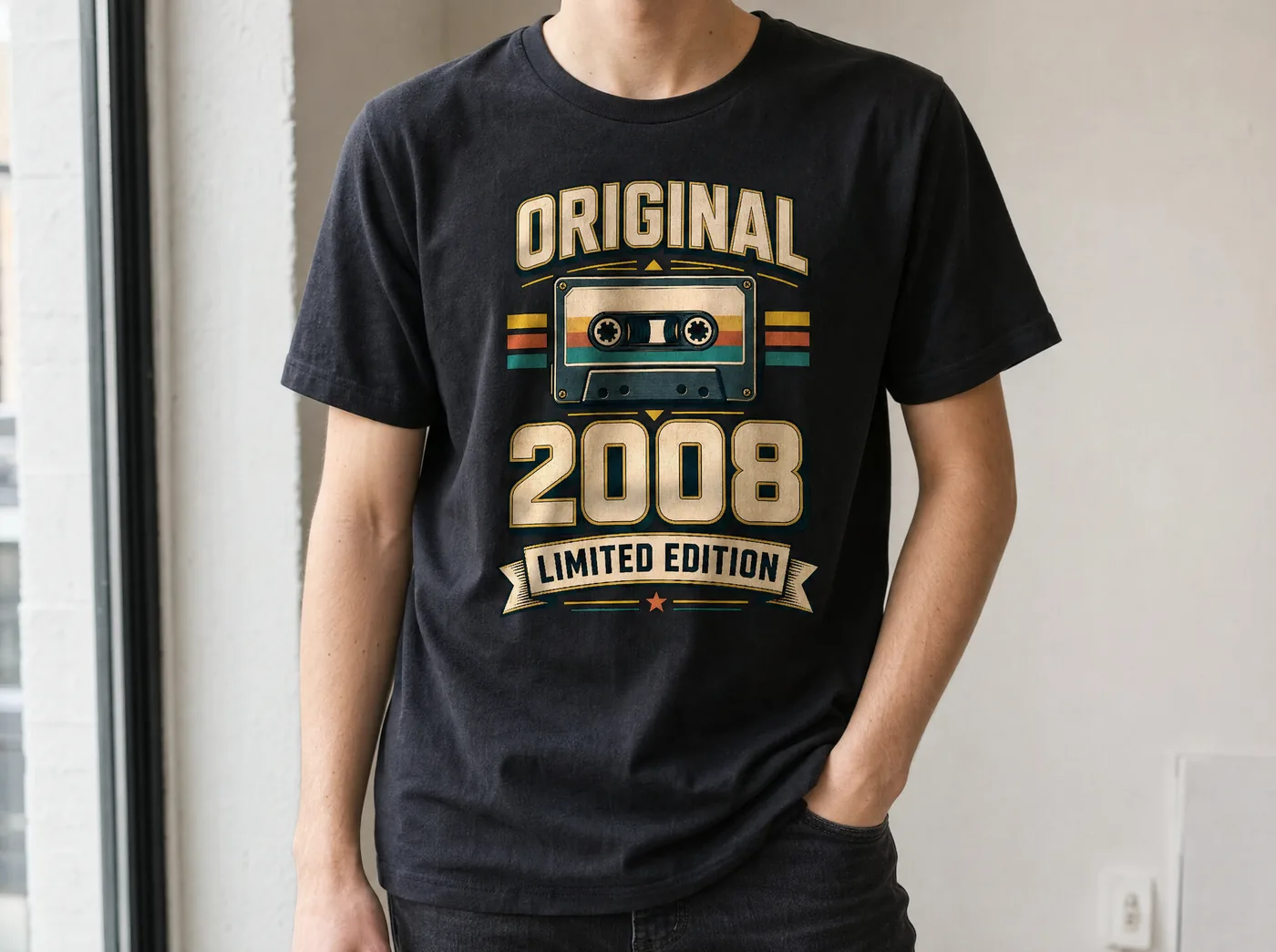 Czarna koszulka z nadrukiem „Original 2008 limited edition” w świetle okna, widoczny splot bawełny