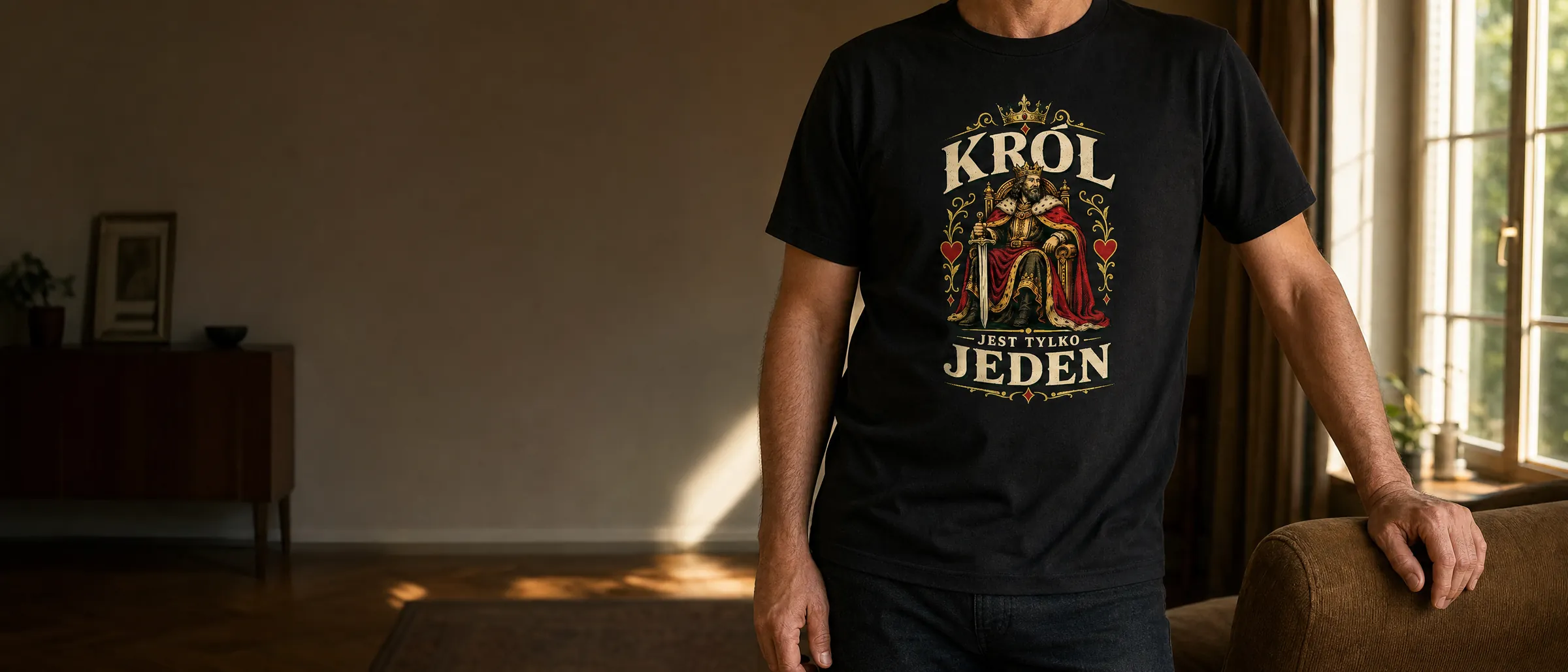 Mężczyzna w czarnej koszulce z nadrukiem „Król jest tylko jeden” w salonie